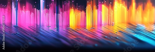 Vibrant neon vertical light pillars and glowing particles over a reflective streaked surface, futuristic energetic and dynamic atmosphere