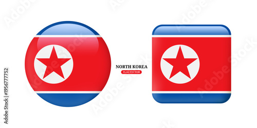 North Korea national flag with glossy glass-like effect in circular and square shapes, isolated on white background for sports graphics or infographic media design, vector 3d for design