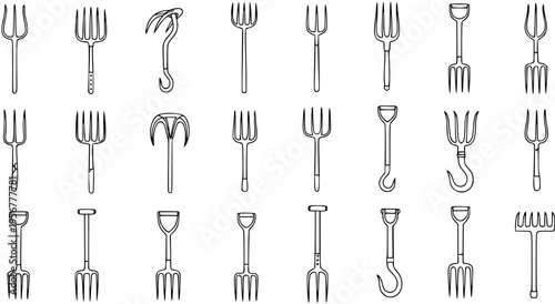 Set of various garden and agricultural hand tools, including different styles of forks, rakes, and hooked implements, presented as black and white outline icons.