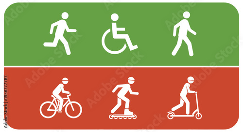 Dynamic vector graphic illustration depicting diverse human movement and urban transportation pictograms on a vibrant background.