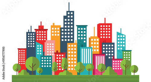 A vibrant urban city skyline illustration with colorful buildings and green trees in a modern vector design.