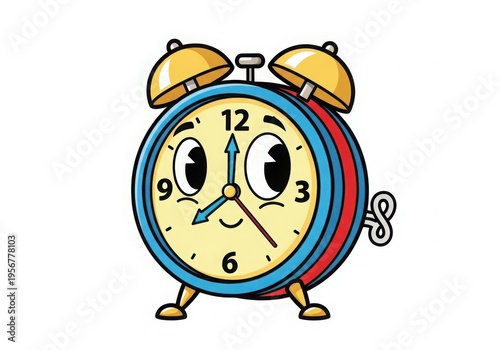 A cute cartoon alarm clock character with a friendly face and a vintage wind-up key design style