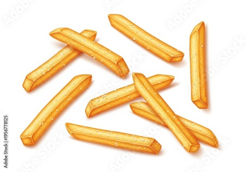 A digital illustration of crispy golden french fries scattered randomly on a plain white background