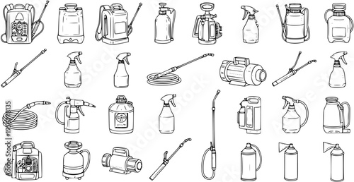 Collection of Vector Outline Illustrations of Different Types of Sprayers for Farming, Pest Control, Gardening