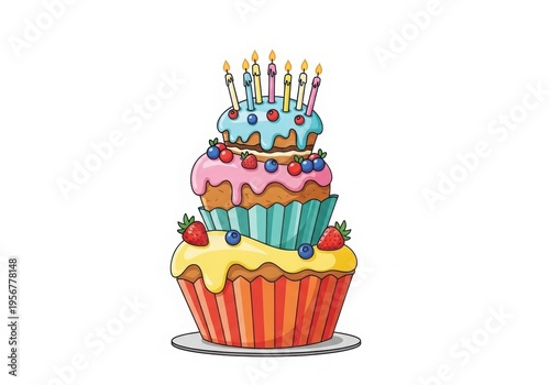 A colorful three-tiered birthday cake decorated with fresh berries and lit candles on white background