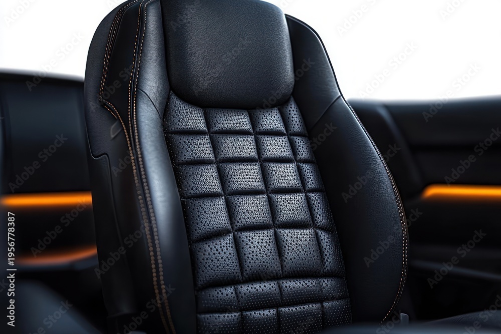 Obraz premium Close-up of a black perforated quilted leather car seat with headrest, contrast stitching and ambient orange interior lighting conveying comfort and luxury
