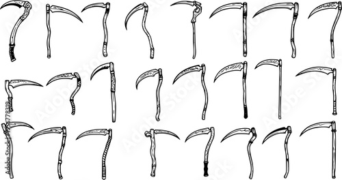Hand-drawn collection of various fantasy scythes and grim reaper tools, featuring different styles and designs in a black and white outline doodle sketch.