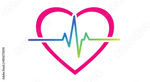 Simple vector graphic illustration of a bright pink heart shape containing a vibrant color gradient heartbeat line