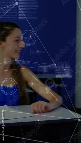 Vertical video: Teen pupil writing, turning to peer on cue, HUD line marking notes and pen in class