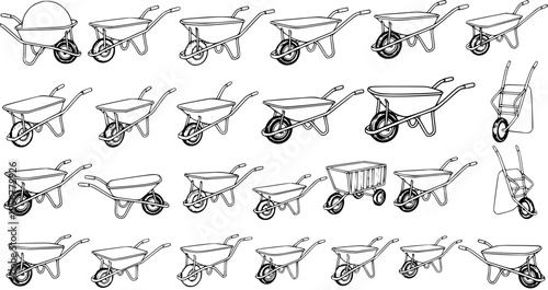 Collection of Black and White Wheelbarrow Illustrations: Variety of Designs