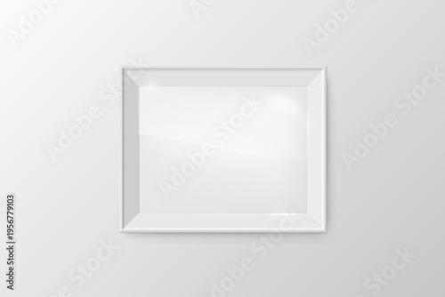 Realistic vintage horizontal rectangle classic photo frame with ineer glass on white wall background. Rectangle border. Invitation, sale, memories, exhibition card design. Vector illustration
