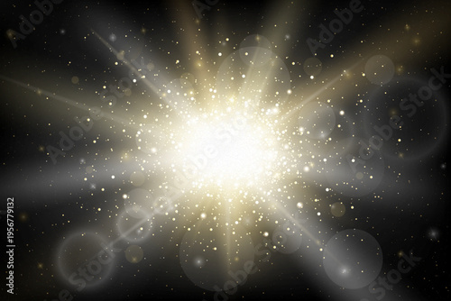 Big glowing explosion with sun beams realistic effect isolated on black sky background. Luxury jewelry glitter backdrop. Sci-fi background. Universe concept. Vector illustration