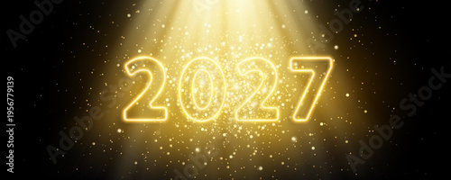 2027 sign New Year on realistic light effect with glitter isolated on black background. Luxury jewelry glitter backdrop. Vector illustration	