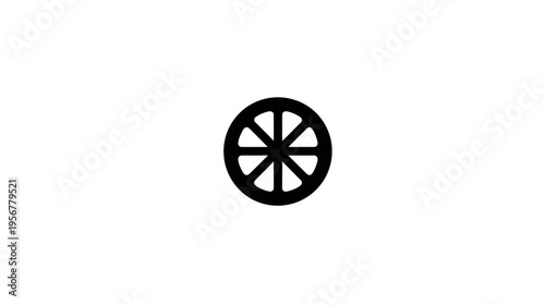 Black segmented wheel symbol on white background, reminiscent of a Dharma Chakra