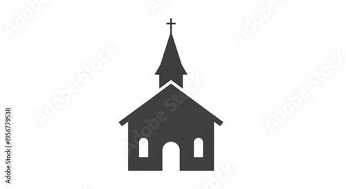 Simple black silhouette of a church with steeple and cross on white background