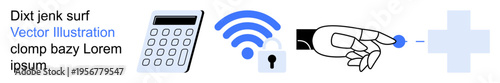Technology, communication, healthcare, digital security, innovation, connectivity. Calculator, wireless icon with lock hand pointing at a medical cross. Connectivity and healthcare concepts