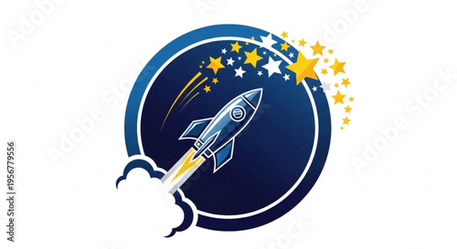 Rocket ship blasting off into starry night sky with vibrant yellow flames and trail of stars