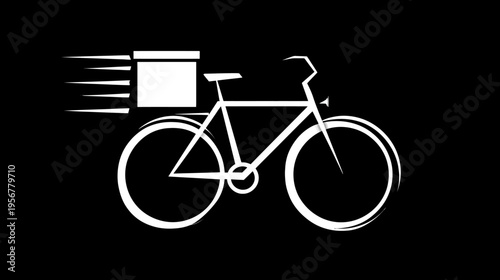 A white bicycle icon with a box on the back and speed lines, set against a black backdrop