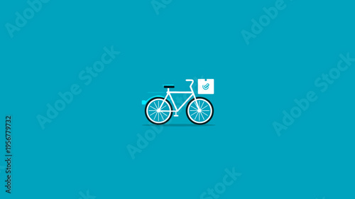 A white bicycle with a box attached, against a solid teal background, suggesting delivery