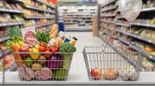 A vibrant full shopping basket overflows with healthy groceries contrasting with a nearly empty one inside a supermarket aisle.