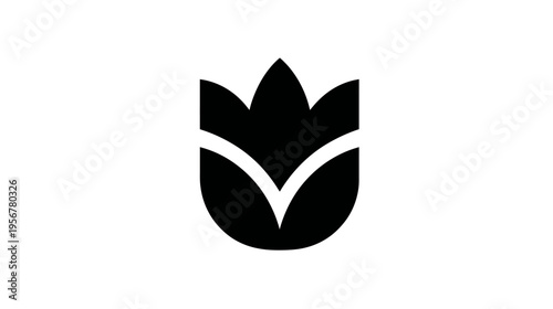 A stark minimalist emblem, a black, stylized flower centered on a white background