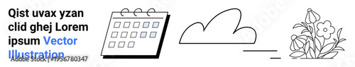 Time management, weather forecast, nature, planning, scheduling, creativity. Calendar, cloud and flowers alongside placeholder text. Time management and weather forecast concept