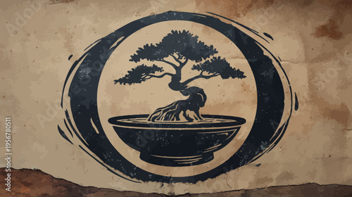 Black silhouette of a bonsai tree in a pot, within a circle on a textured brown background