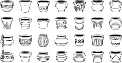 Hand-drawn collection of diverse empty plant pots and flower planters in various styles. Black and white doodle art set for gardening, home decor, and craft projects.