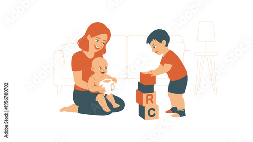 Mother baby child playing blocks home interior