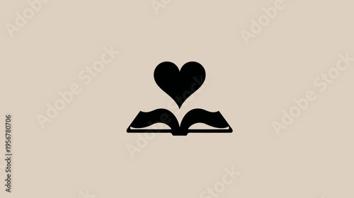 A simple black silhouette of an open book with a heart rising above it on a beige background