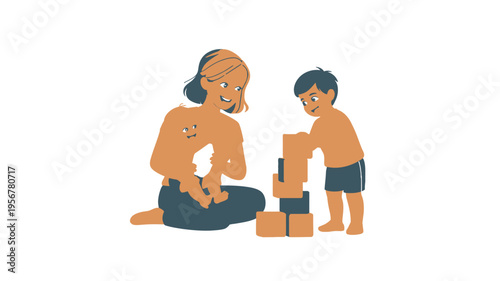 Mother baby child playing blocks minimalist home illustration