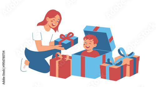 Mother child gift exchange, happy celebration moment illustration