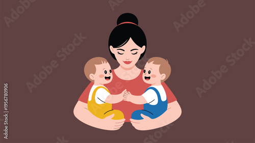 Mother holding twin babies illustration