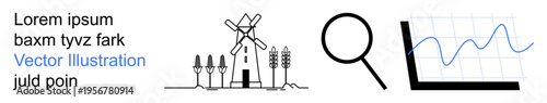 Agriculture, analytics, growth trends, food production, technology, research. Windmill with crops, magnifying glass graph. Agriculture and analytics concept for research and growth trends