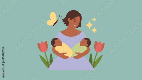 Mother holding twin babies, happy family