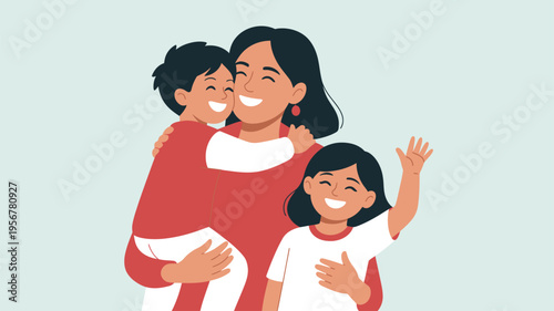 Mother hugging two children happy family illustration