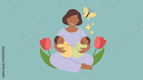 Mother holding twins babies love
