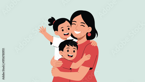 Mother hugging two children loving family illustration