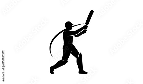 Cricket batsman side view silhouette with motion swing line modern sports logo vector isolated on white