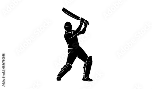Cricket batsman silhouette swinging bat in powerful action pose black logo vector isolated on white