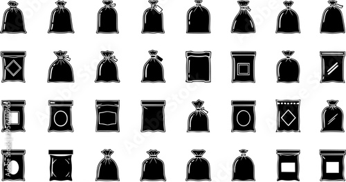 Black and White Bag and Pouch Icons Set. Diverse vector silhouettes for packaging, storage, food, shopping, trash, and gift concepts. Clean glyph collection.