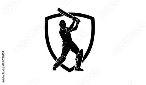 Cricket batsman silhouette badge logo with swinging bat sports emblem black vector isolated on white