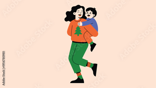 Mother son Christmas piggyback ride