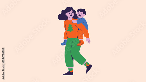 Mother son piggyback joyous winter moment
