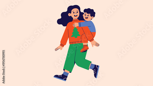 Mother son piggyback winter holiday illustration