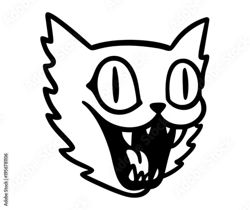Grotesque cartoon cat head with wide eyes and sharp teeth, creepy horror pop style feline face with exaggerated smile and monster expression