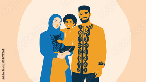 Muslim family posing together with child