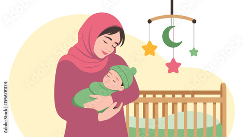 Muslim mother cradling newborn baby next to crib