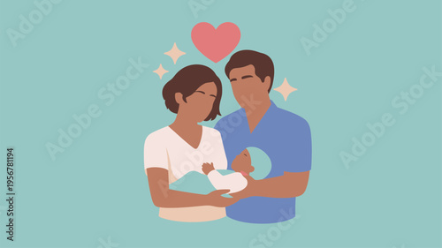 New parents embracing infant child illustration