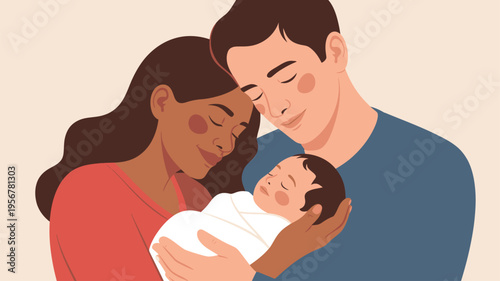 Parents holding newborn baby illustration